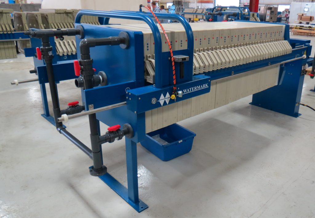 M.W. Watermark 800mm filter press with semi-automatic plate shifter. Application: Egg production wastewater; Food industry wastewater treatment