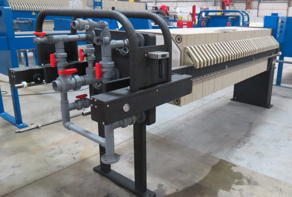 M.W. Watermark 630mm filter press with semi-automatic plate shifter and Enduroliner™ chemical resistant coating - manufactured for poly aluminum chloride production.