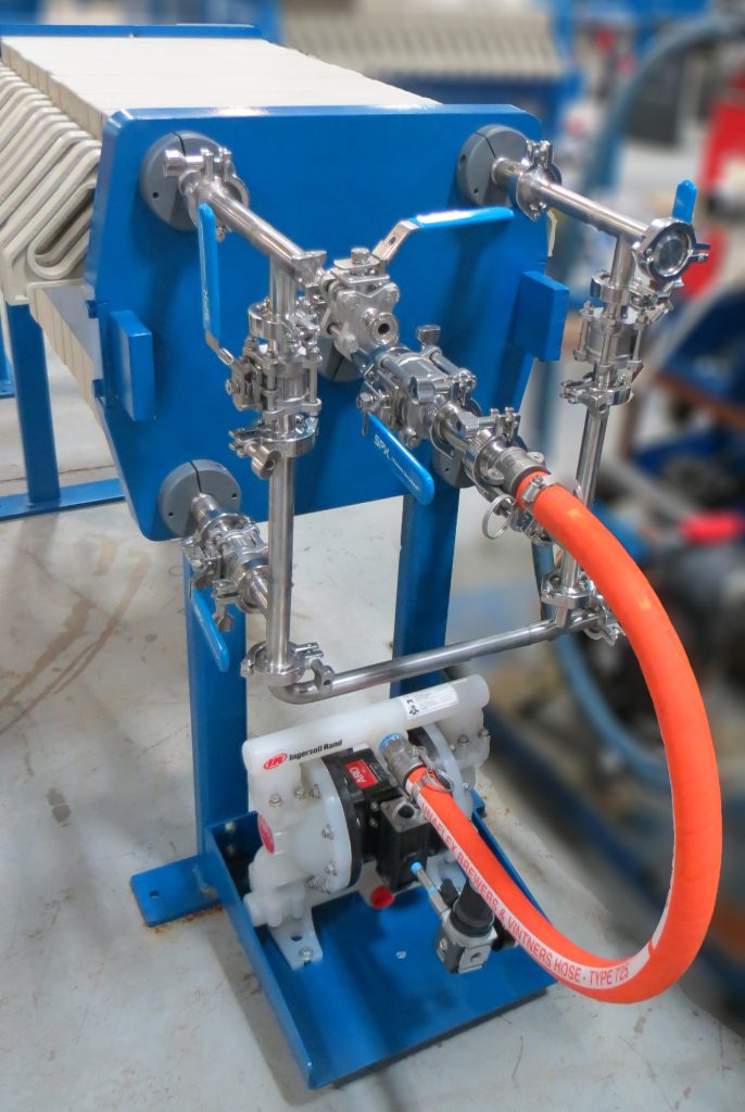 M.W. Watermark 470mm filter press with food grade manifold built for polishing canola and flax seed oils (edible oils).