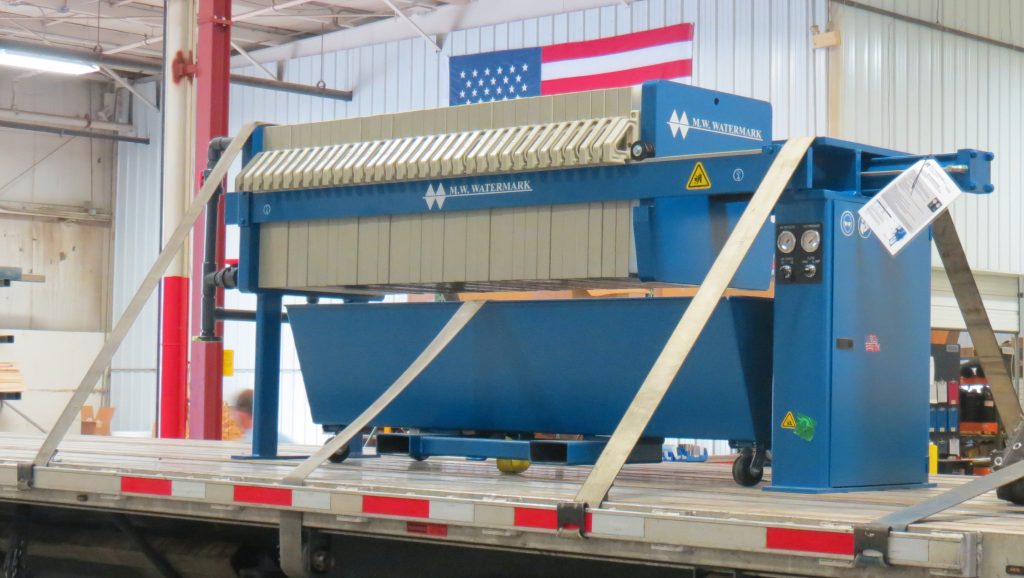 M.W. Watermark 630mm filter press with self-dumping cake hopper - built for precious metals production.