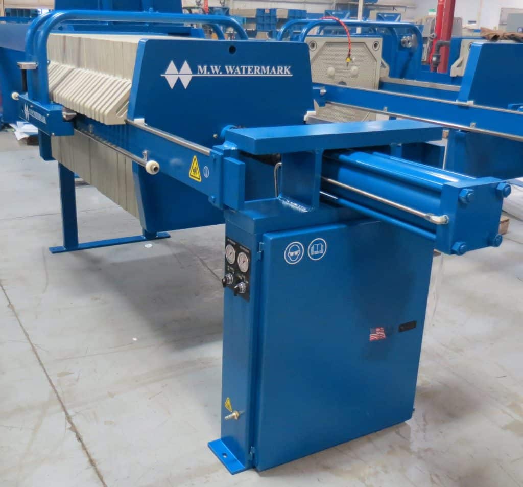 M.W. Watermark 800mm filter press with semi-automatic plate shifter - built for bleach production.