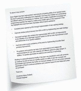 M.W. Watermark Filter Press Field Service Customer Testimonial Letter; Customer Service