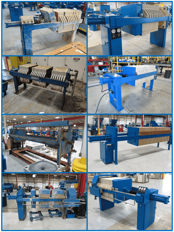 M.W. Watermark Rebuilt Filter Press Before and After Photo Collage; Refurbished Press; Used Filter Presses; Filter Press Repair