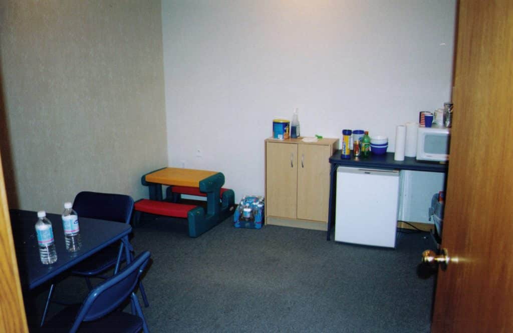 Note the toddler picnic table in the break room.