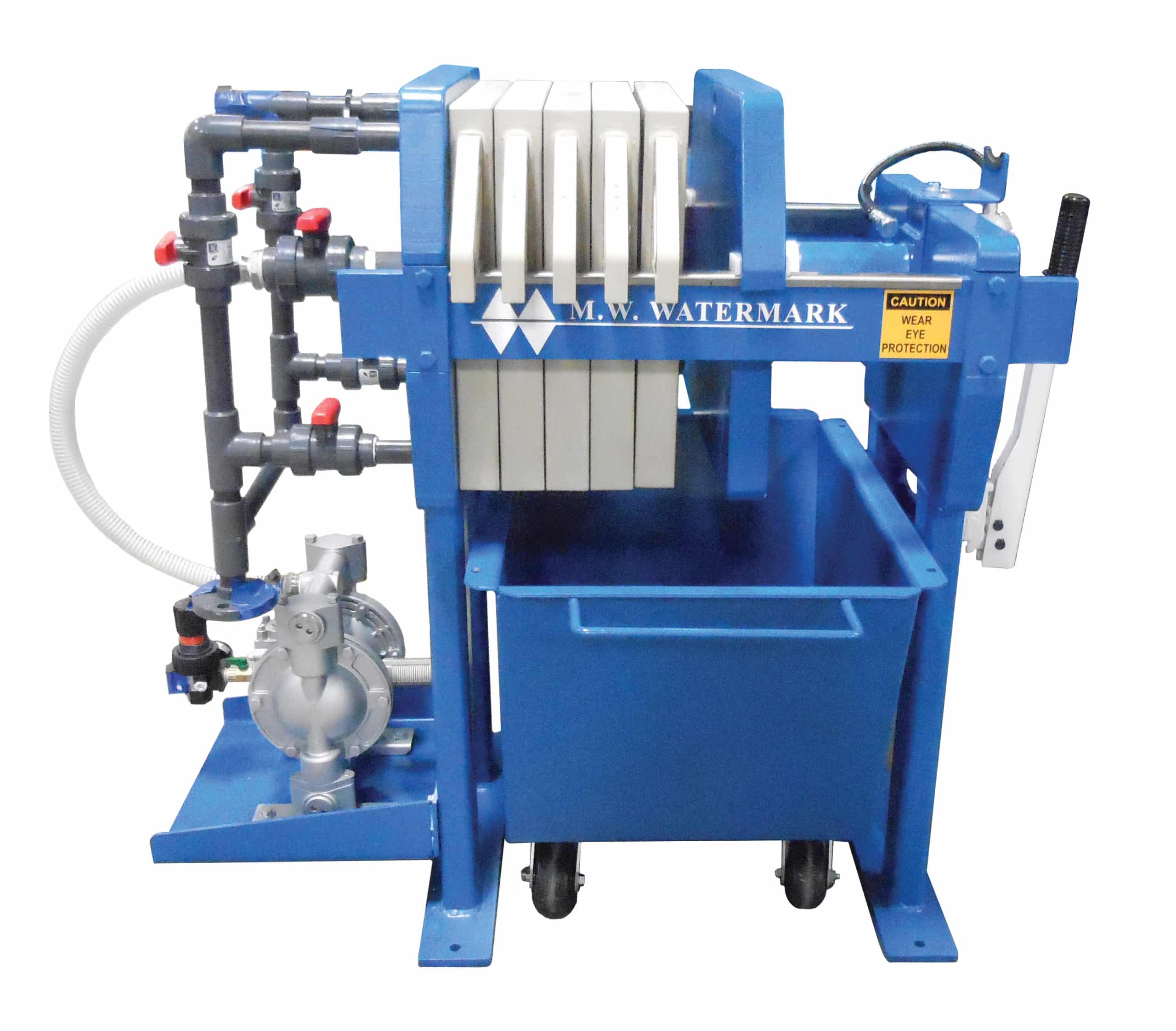 M.W. Watermark 470mm Filter Press with Air-Operated Feed Pump (On Shelf) and Filter Cake Hopper