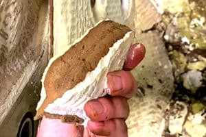 Wax/Lipid Winterization filter cake held close-up by hand to show the clear separation of filter aid and cake. 